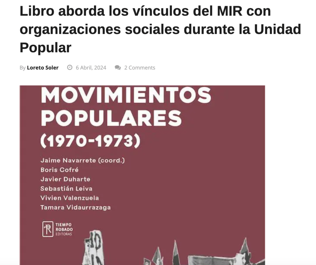 Libro aborda los vínculos del MIR con organizaciones sociales durante la Unidad Popular